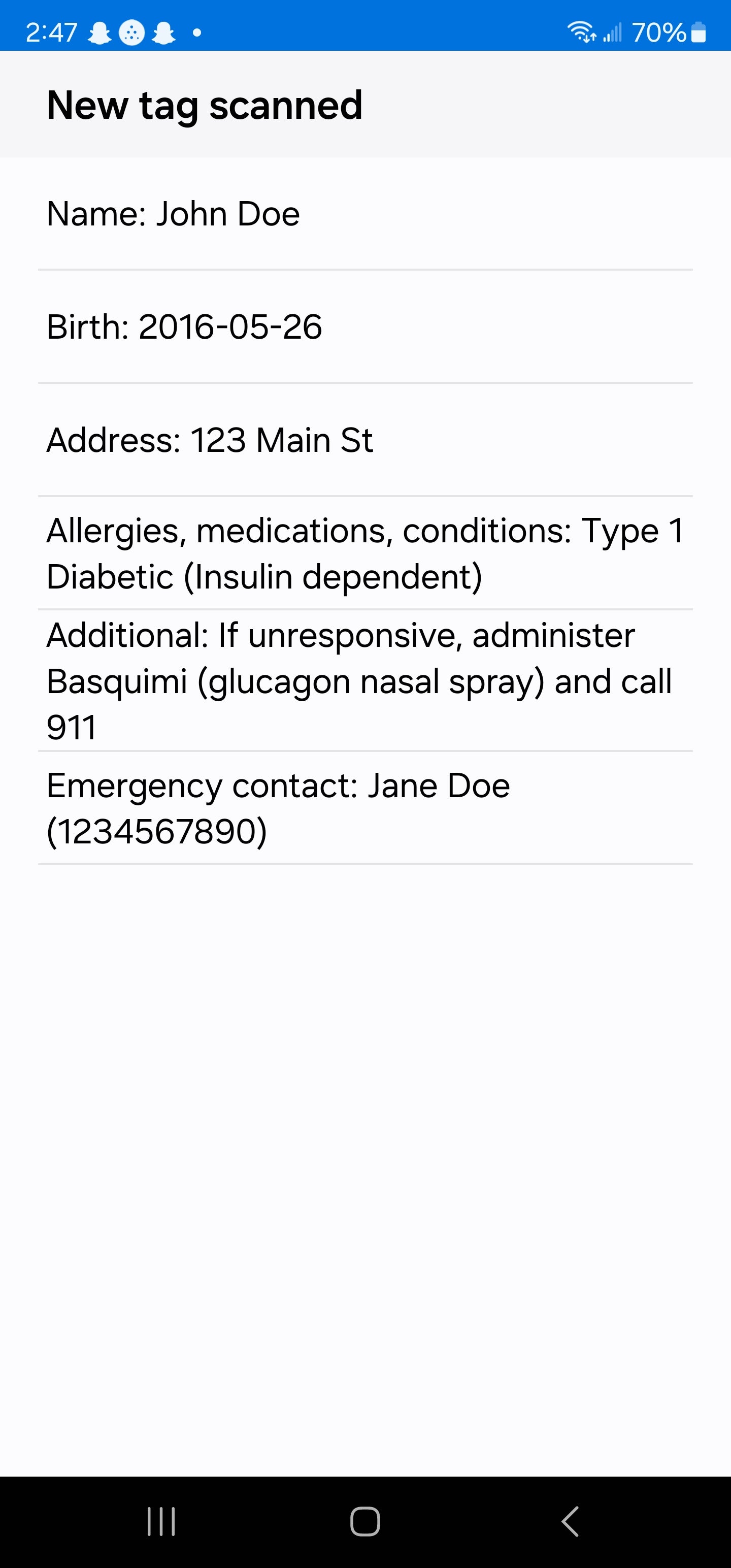 Type 1 Diabetes NFC Medical Alert