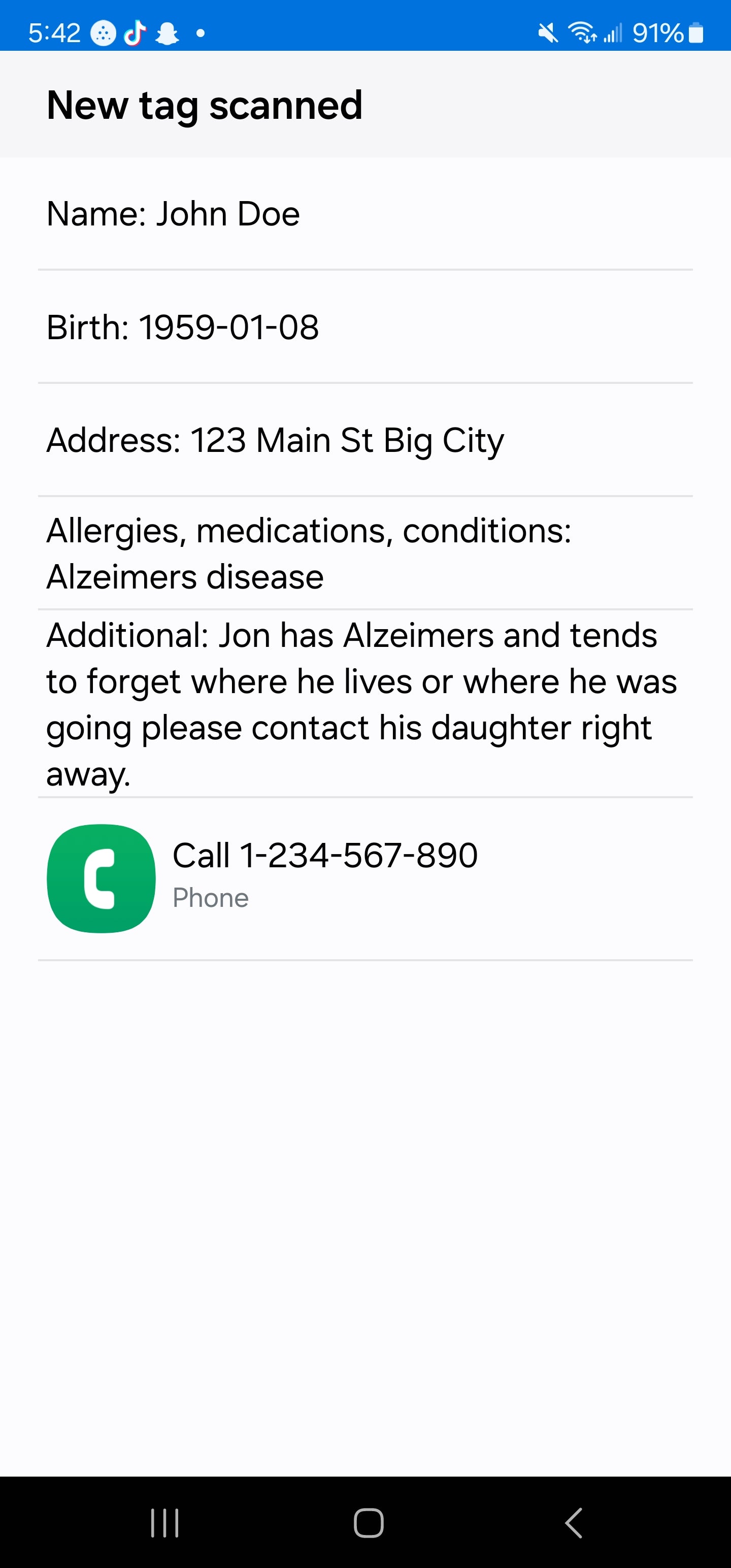 Alzeimers NFC Medical Alert
