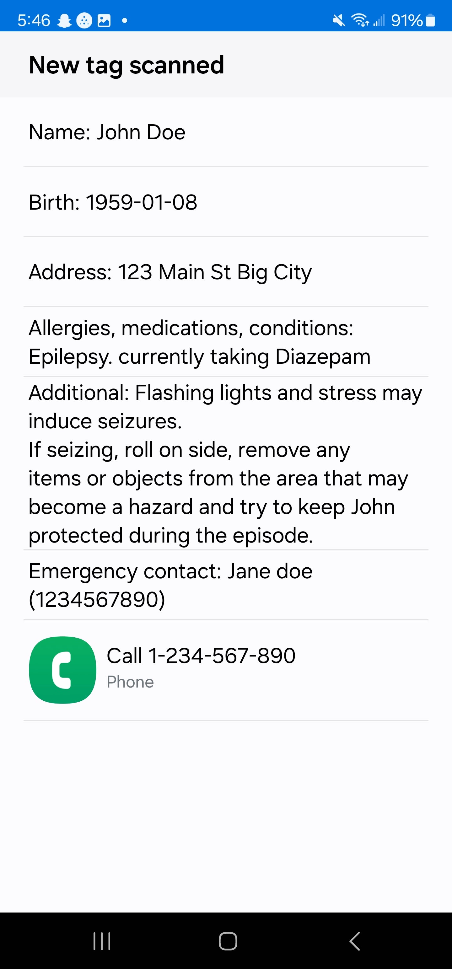 Epilepsy NFC Medical Alert Tag